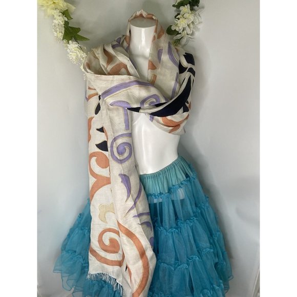 Cashmere Wrappings 100% Silk Wrap Scarf Shawl 80”x27” Cream Black Orange Purple - Picture 8 of 16